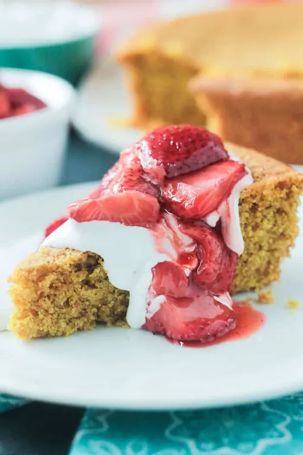Vanilla Cornbread Cake with Roasted Strawberries