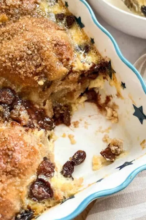 Hot cross bun bread and butter pudding