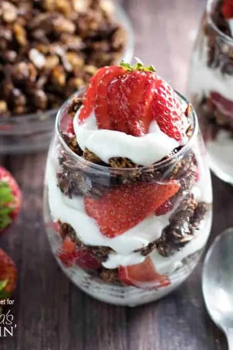 Breakfast Parfaits with Strawberries & Dark Chocolate Granola