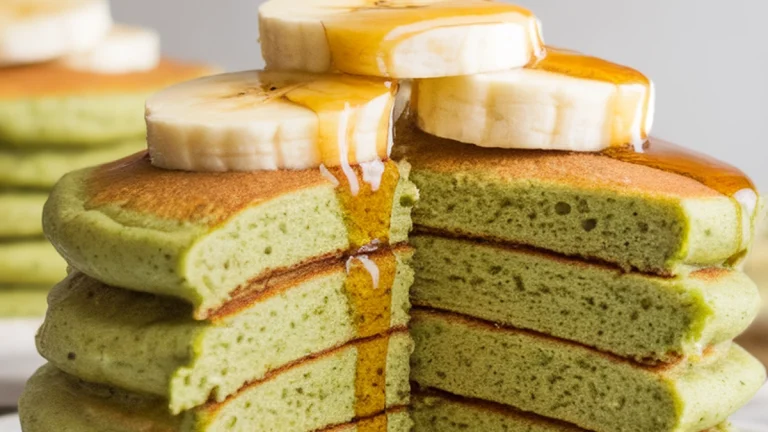 Banana Spirulina Pancakes with Maple Syrup - Featured