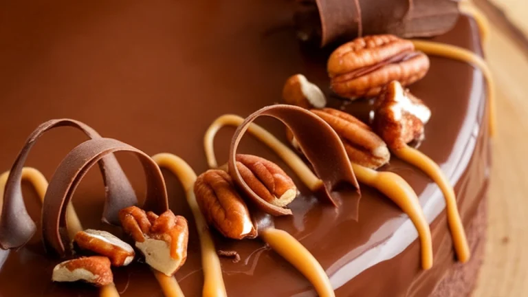 Chocolate Torte with Chocolate Glaze and Caramel Sauce - Featured