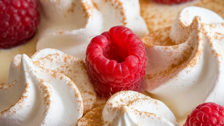 Cinnamon Meringues with Raspberries and Hazelnut Creme Anglaise - Featured