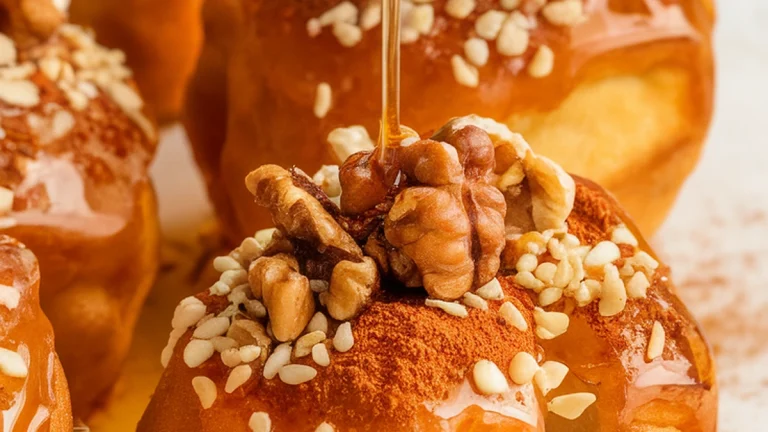 Fried Dough with Honey Cinnamon Walnuts and Sesame Seeds - Featured