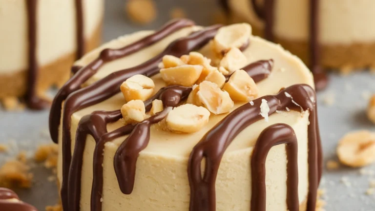 Mini Peanut Butter Cheesecakes with Chocolate Peanut Butter Sauce - Featured