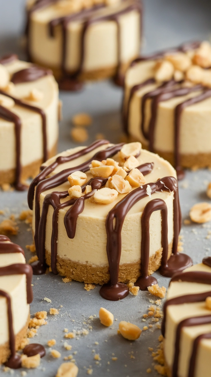 Mini Peanut Butter Cheesecakes with Chocolate Peanut Butter Drizzle