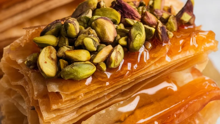 Phyllo Pistachio Pastry with Honey Cinnamon Syrup - Featured
