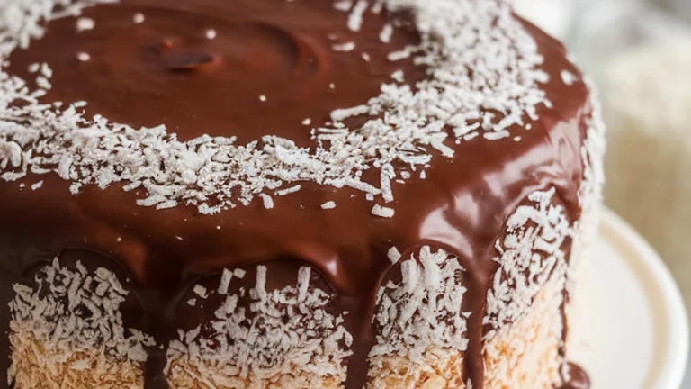 Sponge Cake with Chocolate Icing and Coconut - Featured