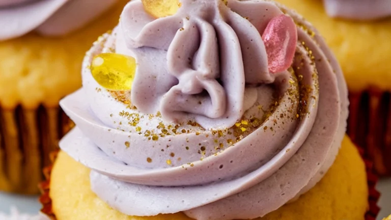 Vanilla Cupcakes with Violet Buttercream and Gem Candies - Featured